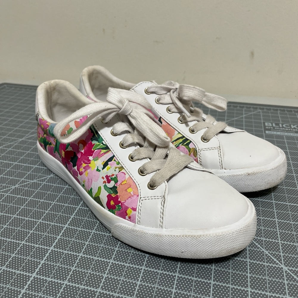 Nine West White Sneakers with Pink and Green Floral Accents
